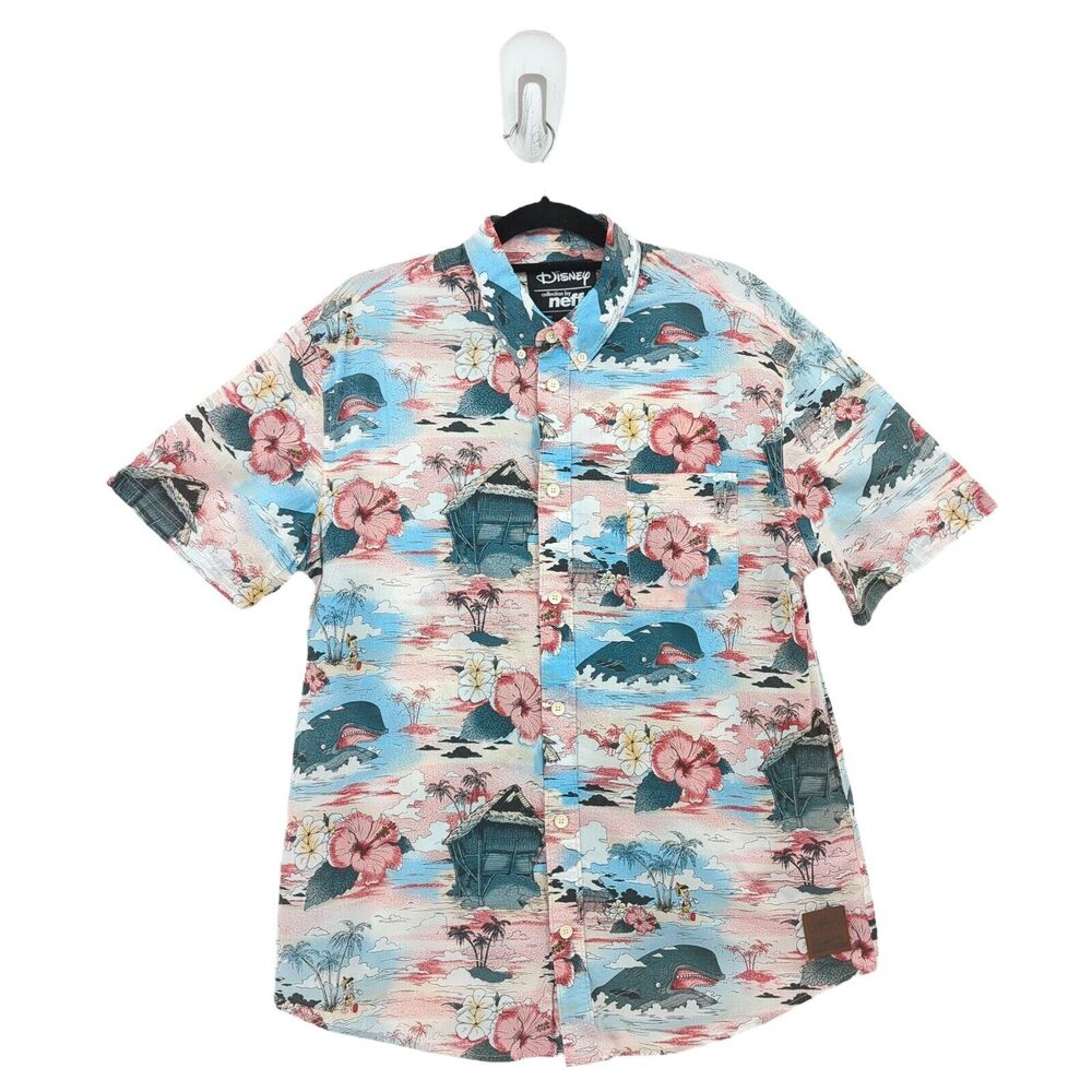 Neff Disney Men L Pleasure Island Shirt Pink Blue Pinocchio Hawaiian Aloha 2016